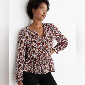 Madewell Drawstring Ruffle-Hem Sheer Top in Viola Floral Dusty Burgundy Size XS